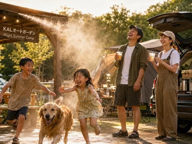 受付の出迎えミストで、家族・愛犬も大はしゃぎ!