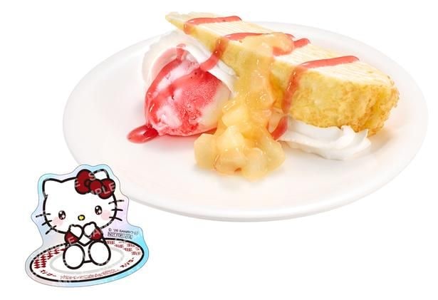 スシローの定番スイーツ「ミルクレープメルバ」がりんご仕様に！「第1弾 ハローキティ コラボステッカー付き りんごのミルクレープメルバ」(350円〜)