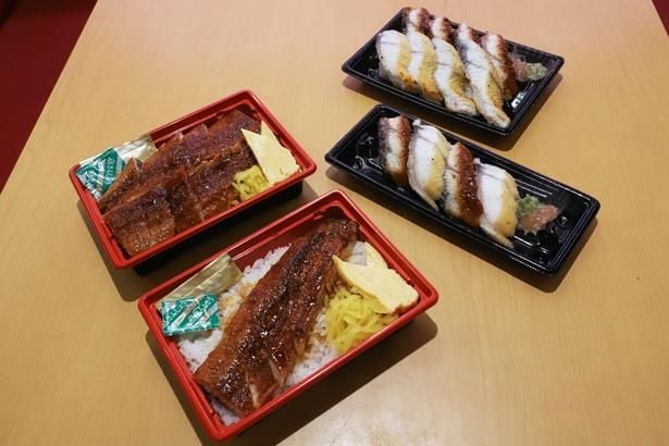 うなぎのお持ち帰り商品も登場！左下から時計回りに「ふっくらうな丼(シングル)」(1080円〜)、「ふっくらうな丼(ダブル)」(1950円〜)、「うなぎ食べ比べ8貫」(1440円〜)、「うなぎ食べ比べ4貫」(720円〜)。予約および受け取りは2026年8月2日(日)まで