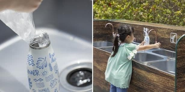 対象施設で無料の氷をもらって、ウォーターステーションで冷たい水を補給！