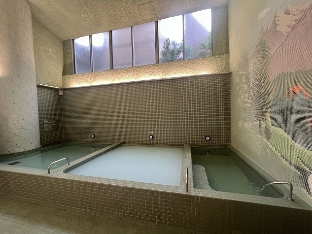炭酸泉はややぬるめ、薬風呂は41~42度で、水風呂も並ぶ