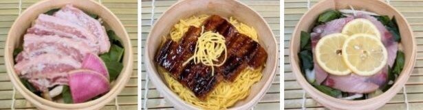 左から「糀仕立て 豚肉せいろ(600円)」「本日の魚のレモン蒸し(600円)」「うなぎ蒲焼(600円)」