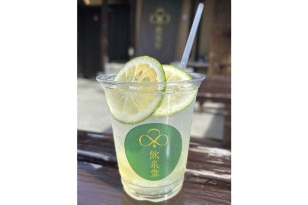飲泉堂ではカボスサイダー(580円)や地獄の釜出しプリン(300円)などもある