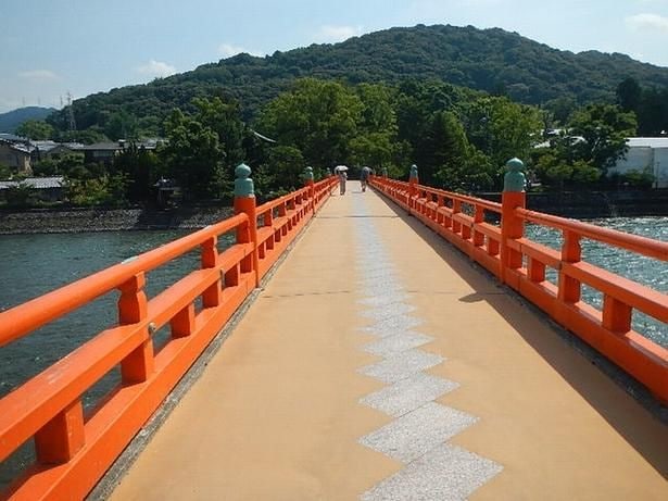 右岸側から中州に浮かぶ橘島へ架かる朝霧橋