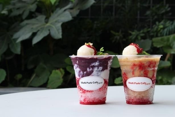 「MoN Park Cafe by Spiral」の「ベリーとオーツミルクのパフェ氷」と「桃とミルクティーのパフェ氷」(ともに1100円、テイクアウト可)