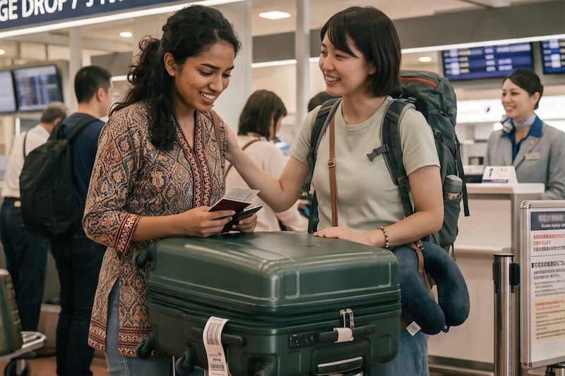 空港で外国人女性に親切にする日本人女性のイメージ