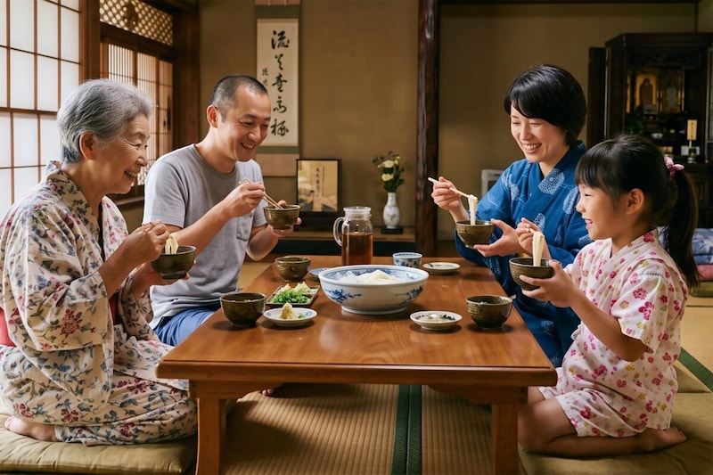 食卓でそうめんを食べるイメージ