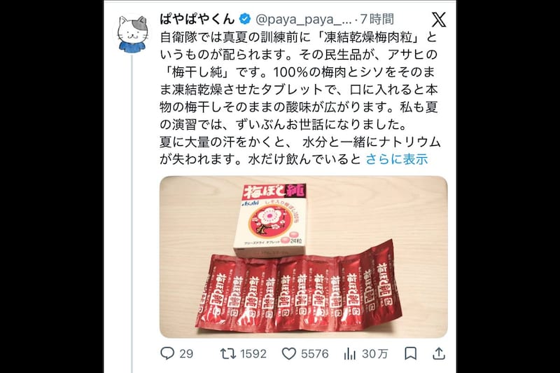 自衛隊が愛用する「梅干しタブレット」が塩分補給と夏バテ予防に 「疲れが吹っ飛ぶ」「だいぶ違う」Xで話題