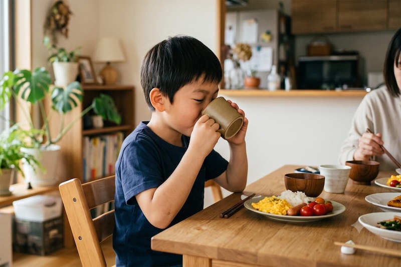 食卓で飲み物を飲む小学生のイメ―ジ