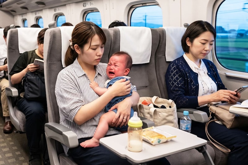 新幹線で赤ちゃんをあやす若い母親が… 「あわわわ」泣き方に異変も、共感する親ユーザーが続出
