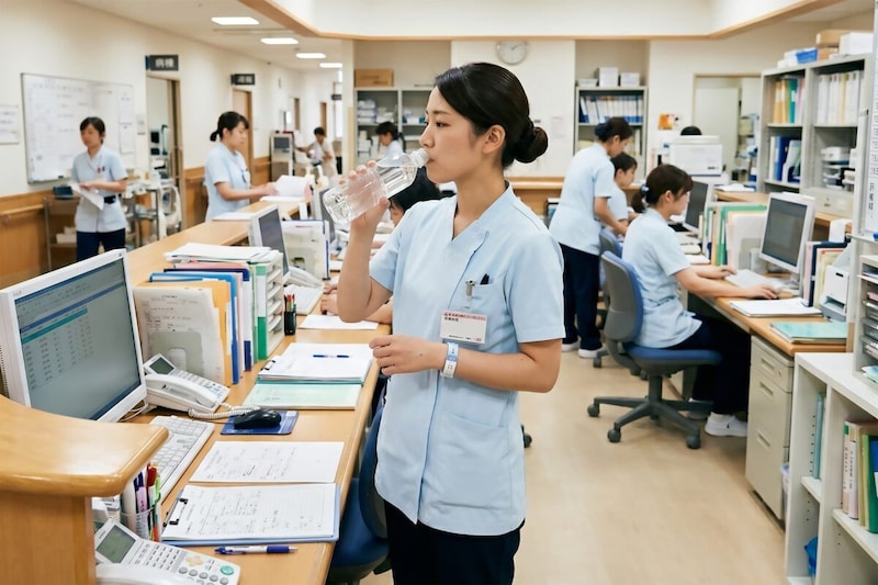 水分補給をする看護師