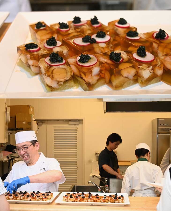 『笠庵 賛否両論（VISON）』の市川シェフ。同店はヴィソンの温泉・本草エリアにあり、温泉の後にのんびりと和食を楽しめる店。下：「秋茄子とエビとホタテの煮こごり ランプキャビア添え」も絶品！