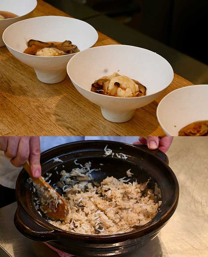 賛否両論の「海老しんじょう 木の子あんかけ」、下：なすび亭の「季節の炊き込みご飯色々」
