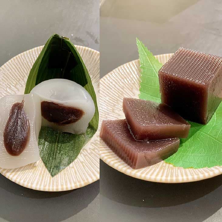 水まんじゅう、水ようかんにも、みたらしだんごや草だんごと同様に北九州産の高級葛、北海道産高級小豆「雅」を使用しているとのこと。葛の滑らかさがよく分かる逸品