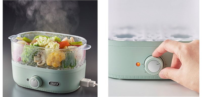 本体に水を入れ、スチームトレイに食材をのせてダイヤルを回すだけ