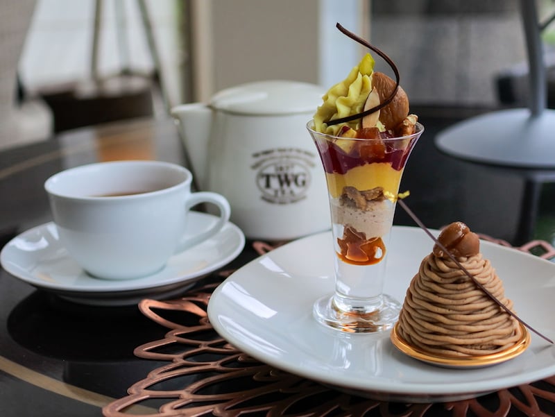 「さつまいも・かぼちゃ・栗＆クランベリーのパフェ」と愛媛県産中山栗を使用した「中山栗のモンブラン」