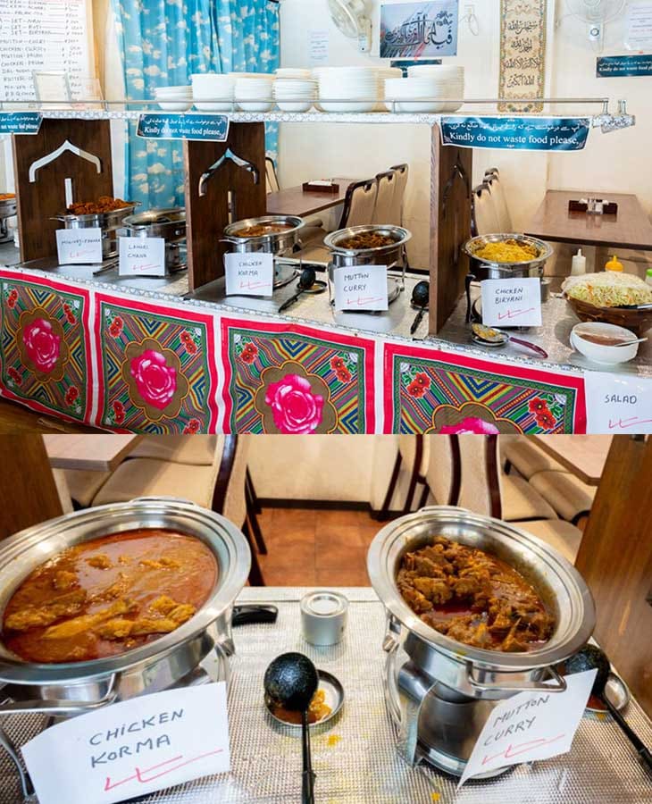 左から、チキンコルマ、マトンカレー。チキンビリヤニやサラダ、ひよこ豆のカレーなどが選べる。セット1,100円から