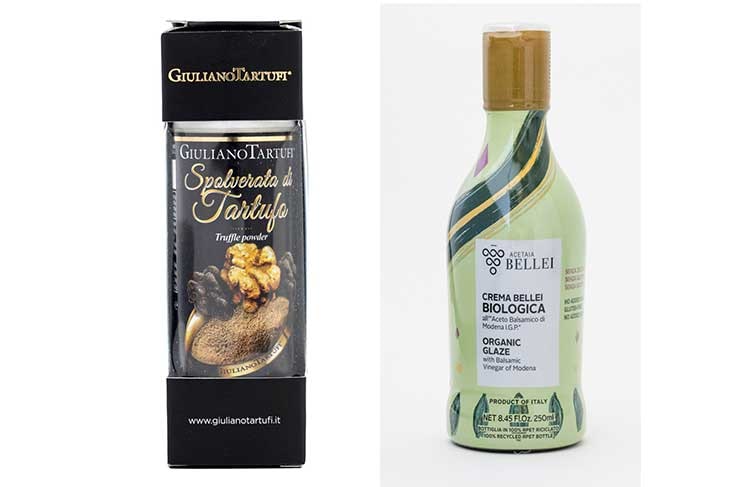 「ジュリアーノ タルトゥーフィサマートリュフ入りシーズニング（30g）」1,502円、「ベレイアチェトバルサミコ有機バルサミコクリーム（250ml）」1,178円