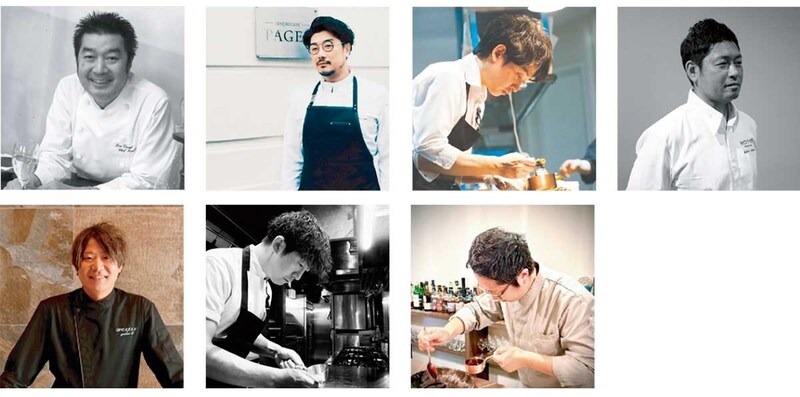 「フレンチ」参加シェフ。〈写真上段左から〉河瀬毅（BON VIVANT）、手島竜司（PAGES）、髙橋雄二郎（le sputnik）、前田元（Restaurant MOTOÏ）、〈写真下段左から〉田島裕大（Restaurant Honjin）、林弘善（Restaurant MANOIR）、田中弓普（Restaurant タナカ）