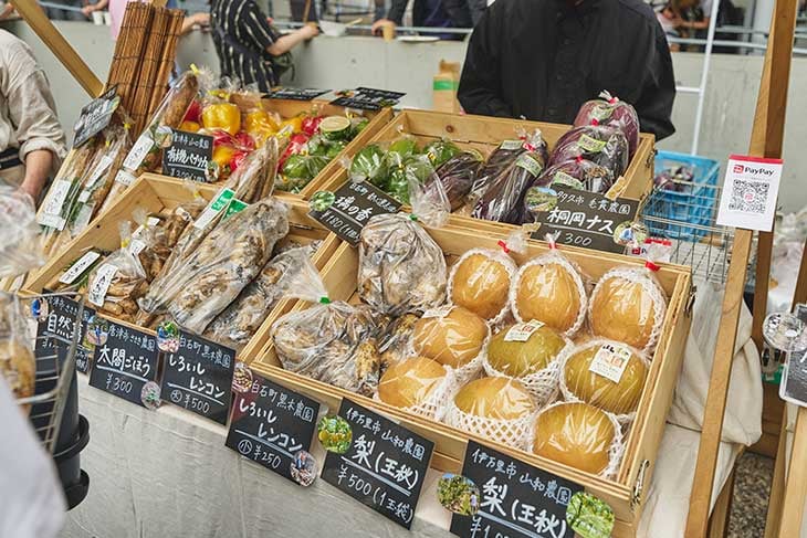 しろいしレンコンや梨、自然薯、原木しいたけなどの青果の逸品のほか、海苔や牡蠣などの魚介、ジュースや肉加工品などバラエティに富んだ食材が店頭を賑わせた