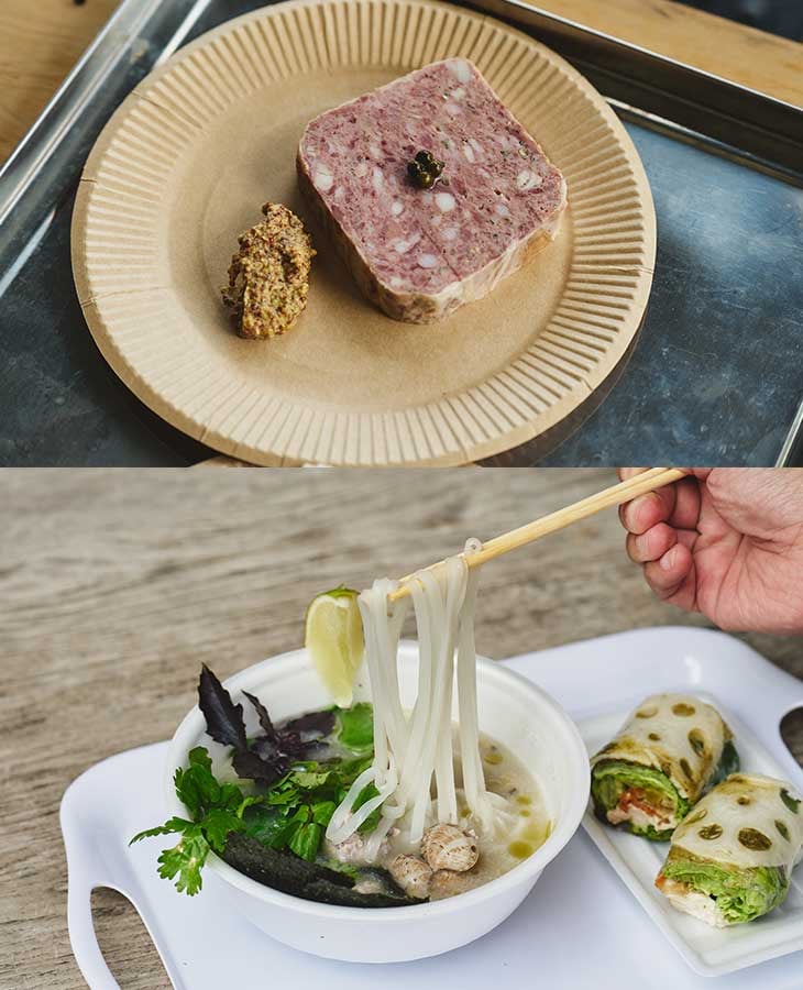 東京の『現代茶寮 銀座風月堂』はパテアンアンクルートなどを提供（上）。東京の『Night Market』は生春巻きやフォー（下）をその場で調理して販売した