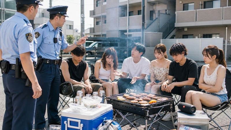 アパートの前で大学生集団がBBQ