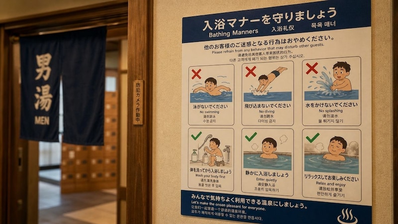 湯船で泳ぐ外国人観光客の親子3