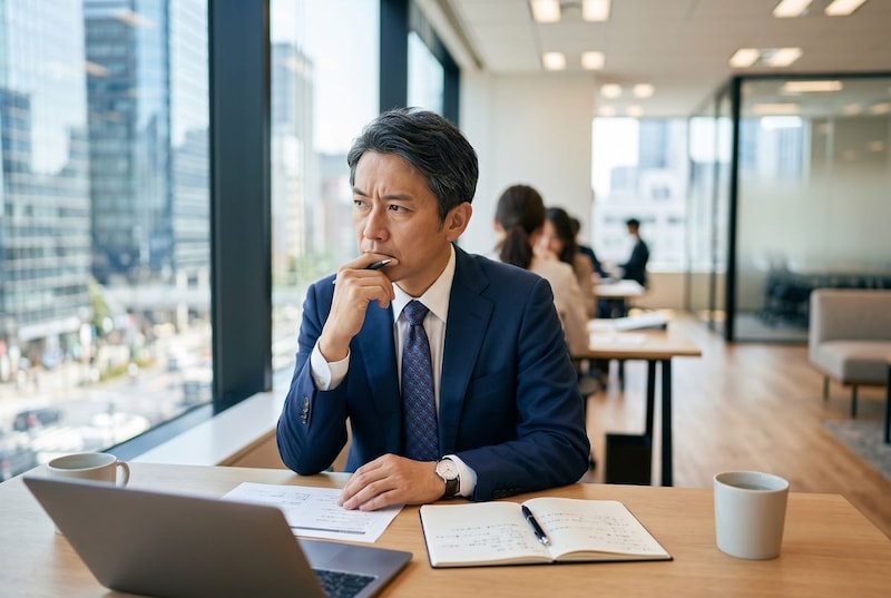 オフィスで考える日本人ビジネスマン