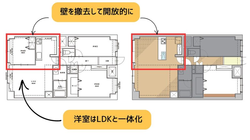 壁を取り払って対面キッチンへリフォームした事例の図面