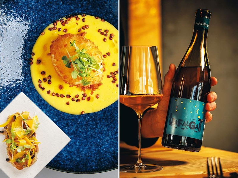 表参道『APÉRO AOYAMA Winebar & Table』の「温泉卵のフリット、かぼちゃ、黒にんにく、そばの実」と「ママルタ トラファルガー」