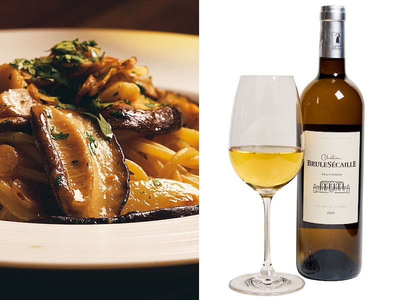 新富町『Ginza Machi Pon』の「肉厚しいたけのペペロンチーノ」と「シャトー ブリュルセカイユ」のボルドー・ブラン