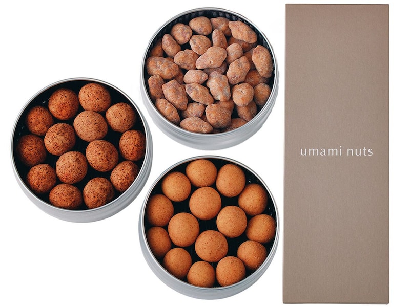 有楽町『umami nuts』の「３缶セット（ポルチーニ・レモン醤油・濃厚な海老マカダミアナッツ）」
