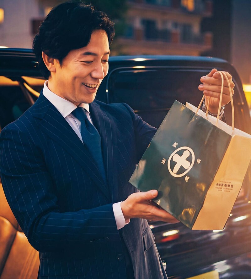 手土産を手にしている様子