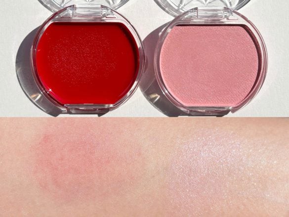  左「クリームチーク（クリアタイプ） CL01 クリアレッドハート」右「クリームチーク（パールタイプ） P06 スウィートコーラル」