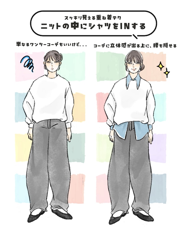 ゆったりニットにワイドパンツはシャツをIN！