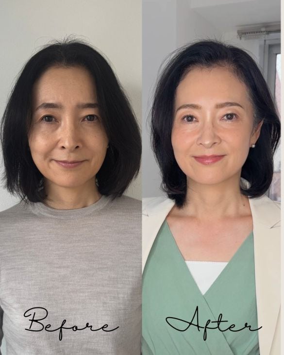  池田さんのメイク講座より、50代の激変事例。右は眉毛もナチュラルに