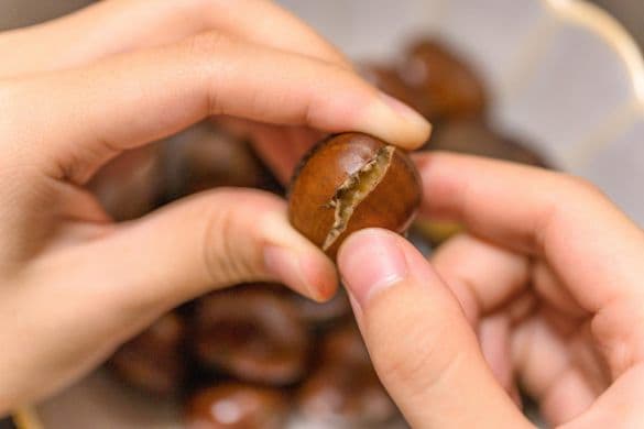 甘栗の皮をむく手