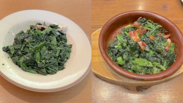  左：サイゼリヤ「ほうれん草のソテー」（税込200円）右：オリーブの丘「ほうれん草のガーリックバターソテー」（税込319円）