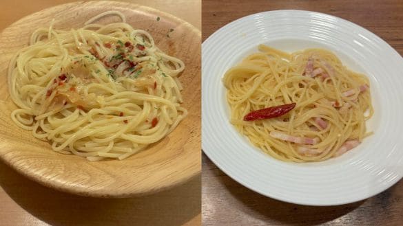  左：サイゼリヤ「ペペロンチーノ」（税込300円）右：オリーブの丘「アーリオオーリオ・ペペロンチーノ」（税込429円）