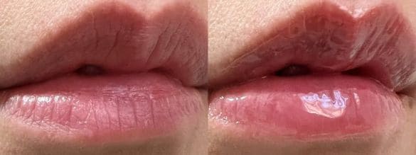  左：何も塗っていない状態、右：「リップエッセンス」を塗った状態