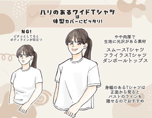 細部の違いで見違える!「薄着でも体型カバーできる」服の選び方。ぽっこりお腹、むっちり二の腕を隠す“最強Tシャツ”も