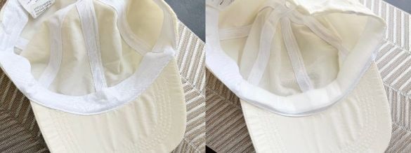  左：何も貼っていない帽子、右：「帽子用汗吸収テープ」を貼った帽子