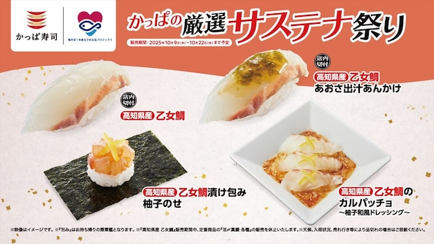 「かっぱ寿司」ブランド真鯛「乙女鯛」特別メニュー5種　110円～販売　水産庁推進プロジェクトに賛同