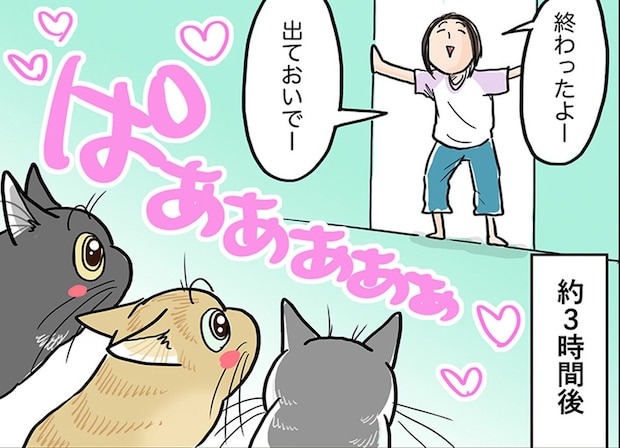 【ねこ漫画】「え、まだ続くの…?」 3時間ぶりの自由に猫たちの不満が大爆発!? 念入りすぎる“取り調べ”に飼い主タジタジ