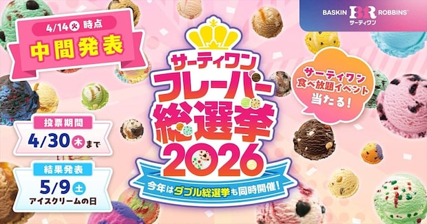 サーティワン「フレーバー総選挙2026」中間発表　暫定1位「ラブポーションサーティワン」　復刻販売される期間限定フレーバー、「ダブル」組み合わせ1位は？