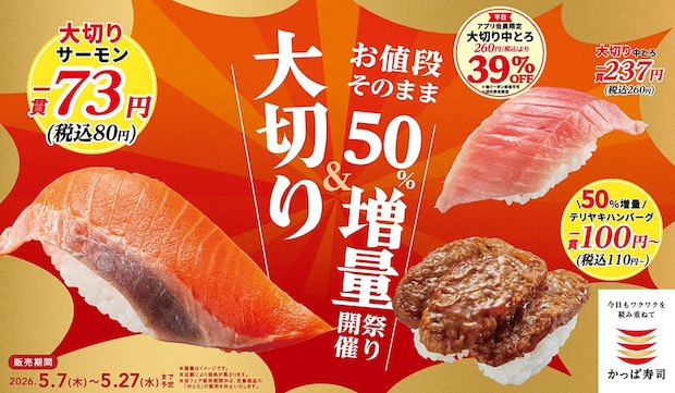 「かっぱ寿司」値段そのまま“大切り＆50％増量”キャンペーン実施　「中とろ」39％オフクーポンも