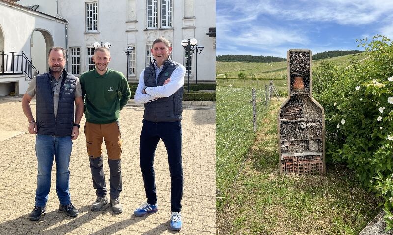 画像: 右からディディエ・セギエ氏（ディレクター）、フランソワ・メナン氏（栽培責任者）パスカル・レイノー氏（醸造責任者）。環境に対する負荷を下げ、生物多様性を取り戻すために作られた人工的な昆虫の住処（写真右）