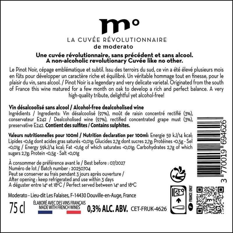 画像: 裏ラベルには原材料： 脱アルコールワイン（97％）、濃縮精製ブドウ果汁（3％）、100mlあたりの栄養成分表示： エネルギー 59kJ/14kcalなどが記されている