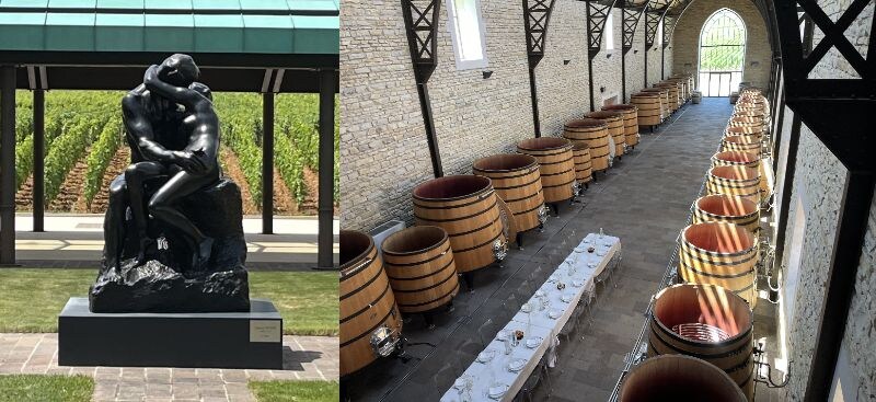 画像: ドメーヌ・フェヴレは2022年4月から、ニュイ・サン・ジョルジュの醸造所の中庭にオーギュスト・ロダンの『接吻』を設置している(左) 温度コントロールシステムを内蔵した32基の木樽(右)