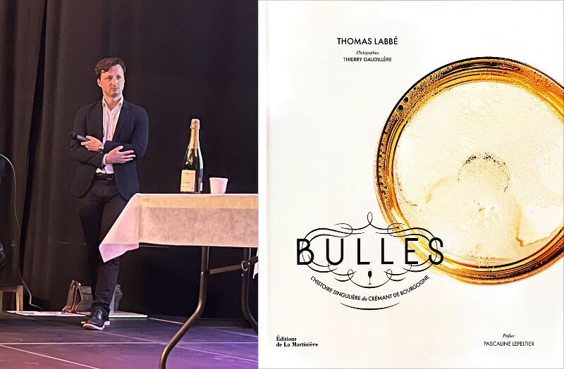 画像: 講演するトマ・ラベ氏(左)と、記念出版された新著『発泡性ワイン、クレマン・ド・ブルゴーニュの特別な歴史』(333ページ、45€)